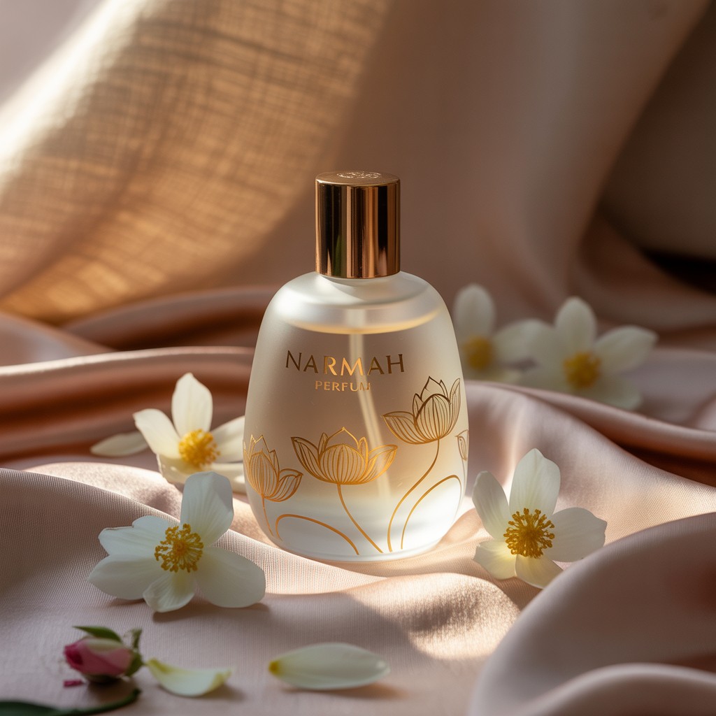 یک بطری عطر و بسته‌بندی لوکس و زیبا برای عطری به نام "NARMAH-" طراحی کنید که از زنانگی و لطافت مصر باستان الهام گرفته شده است. نام "نرمه" در مصر باستان به معنای نرمی و زنانگی است. این طرح باید منعکس کننده‌ی هاله ای زنانه، برازنده و لطیف باشد و ظرافت مدرن را با جزئیات الهام گرفته از فراعنه ترکیب کند. از عناصری مانند گل نیلوفر آبی، یاس سفید و رز ملایم در ظاهر استفاده کنید. بطری باید صاف، نرم و درخشان باشد، احتمالاً با شیشه مات و تزئینات طلایی. مشخصات عطر: رایحه اولیه: گل رز دمشقی مصری، نارنگی مصری فوقانی رایحه میانی: یاس سفید مصری، گل نیلوفر آبی رایحه پایه: مشک سفید، کهربا ملایم الهامات طراحی از نقوش مصر باستان را با چاشنی لوکس مدرن و مینیمالیستی در بر بگیرید. ظاهر باید احساسات شهوانی، ظرافت و لطافت را برانگیزد