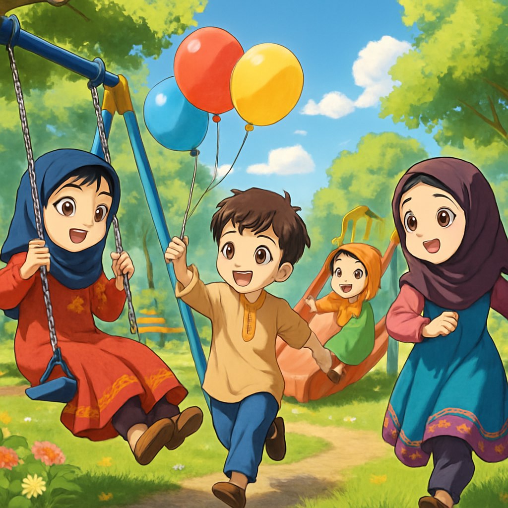 تصویری سه‌بعدی از کودکان در حال بازی در یک پارک زیبا