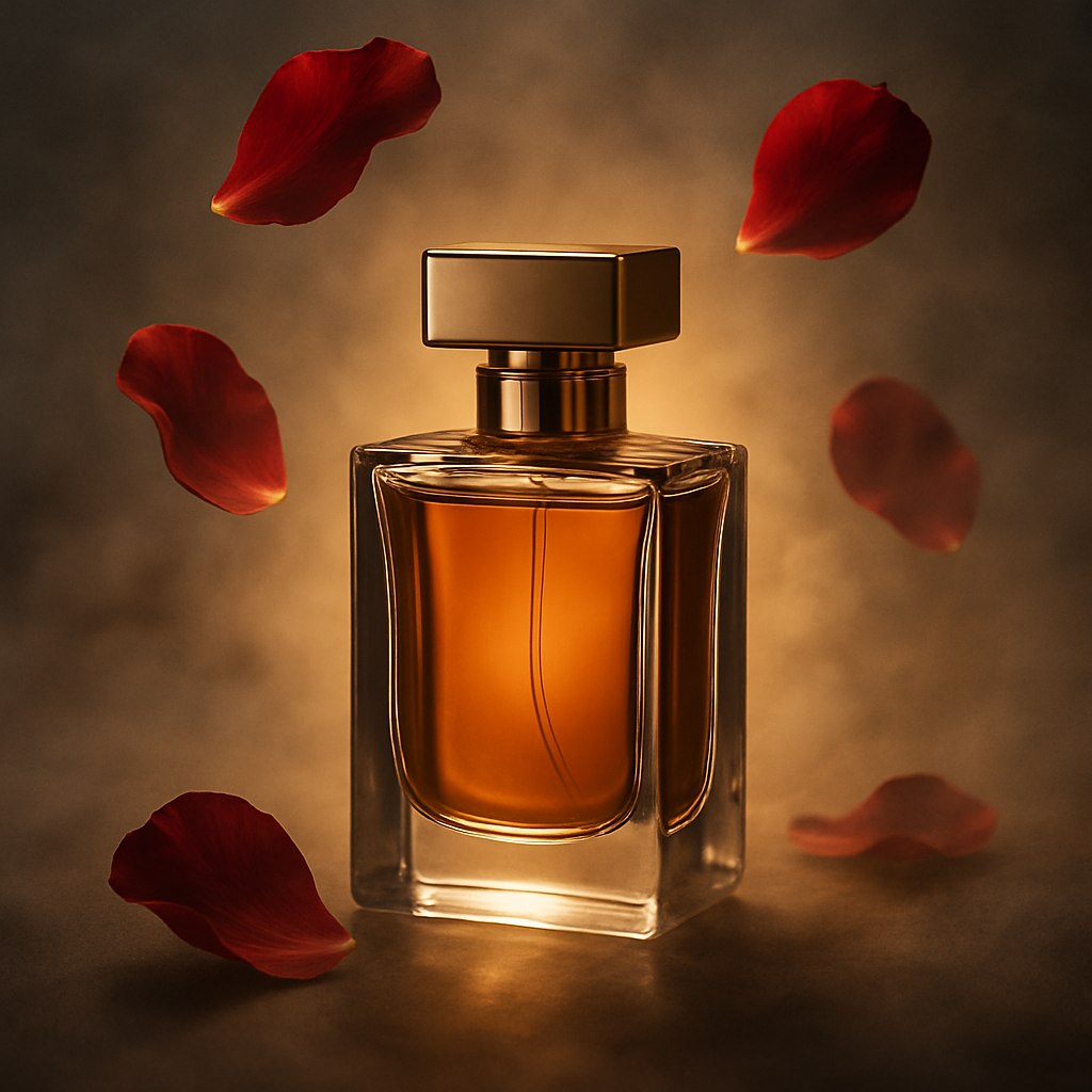 عکس تبلیغاتی برای شیشه عطر شیک در فضای رمانتیک و مرموز