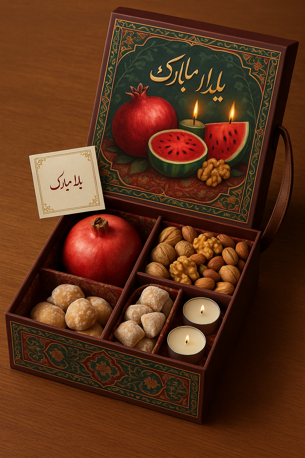 این عکس را تولید کن:
یک جعبه یلدایی شیک و مدرن با الهام از فرهنگ ایران: جعبه‌ای با طراحی سنتی و مدرن، شامل نقوش ظریف
 اسلیمی و رنگ‌های غنی مثل قرمز اناری، سبز یشمی، و طلایی. روی درب جعبه، یک تصویر هنری از انارهای دانه‌درشت، هندوانه و شمع‌های روشن در کنار عبارت **"یلدا مبارک"** با فونت نستعلیق طلایی و برجسته نوشته شده است.

داخل جعبه، به صورت مرتب و زیبا، اقلامی مثل انار، آجیل، شیرینی‌های سنتی مثل قطاب یا باقلوا، و شمع‌های کوچک قرار گرفته است. طراحی داخلی با پارچه‌ای طرح ترمه یا مخمل قرمز تزئین شده. جعبه دارای یک بند چرمی یا روبان ظریف برای حمل راحت است، و یک کارت کوچک با پیام تبریک یلدا ضمیمه آن می‌باشد.